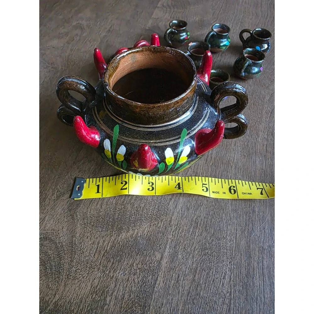 Mexican Folk Art Pottery Tequila Set Hand Painted Floral Glazed Brown 8pc decor